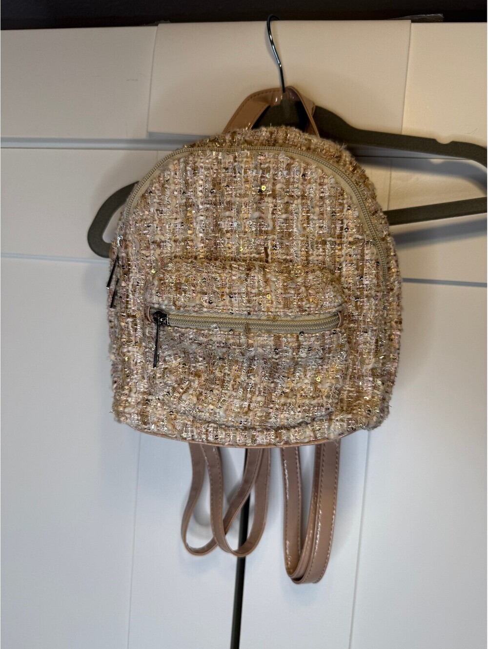 Olivia Miller Beige Gold Tweed Mini Backpack With Adjustable Straps